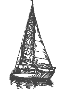 This image depicts a simple black and white sketch of a sailboat with a prominent sail and hull.