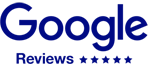 The image displays the "Google" logo in blue, followed by the word "Reviews" and five stars, indicating a rating system.