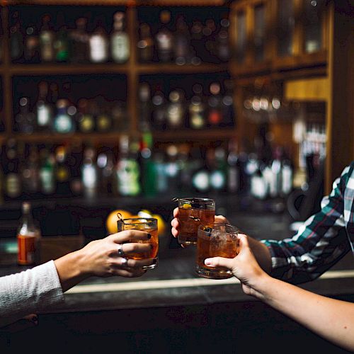 Three people in a bar clinking their glasses together, with shelves of bottles visible in the background.