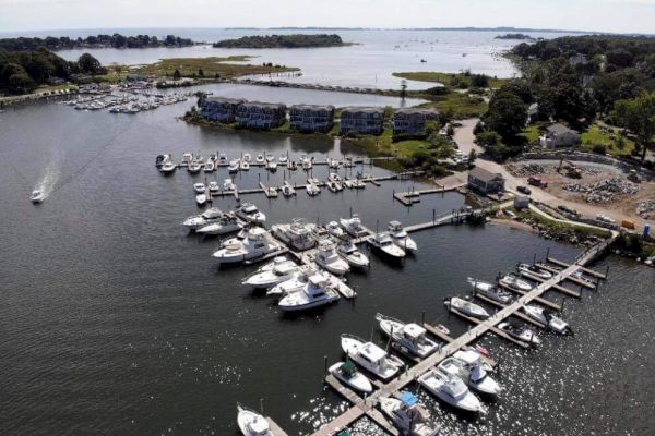 Aerial view of a marina with docks, multiple boats, and surrounding buildings, set against a coastal landscape with water and greenery.